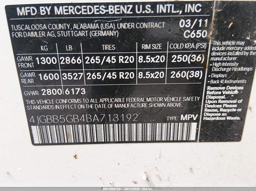 MERCEDES-BENZ ML 350 2011 VIN 4JGBB5GB4BA713192