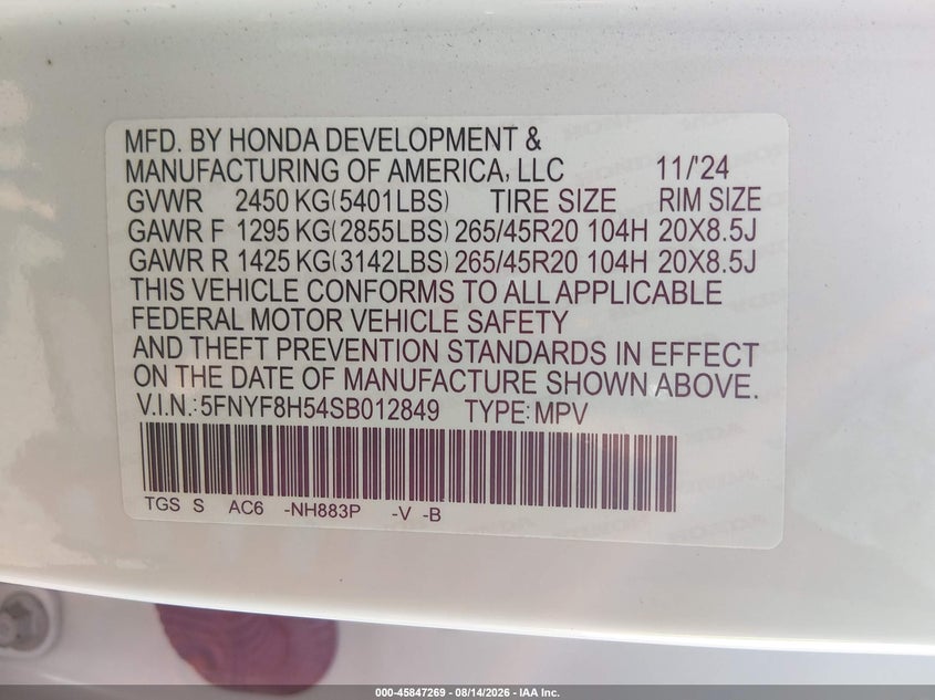 HONDA PASSPORT 2025 VIN 5FNYF8H54SB012849