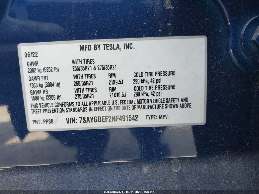 TESLA MODEL Y 2022 VIN 7SAYGDEF2NF491542