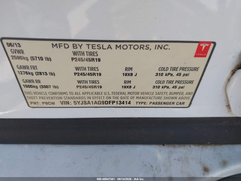 TESLA MODEL S 2013 VIN 5YJSA1AG9DFP13414
