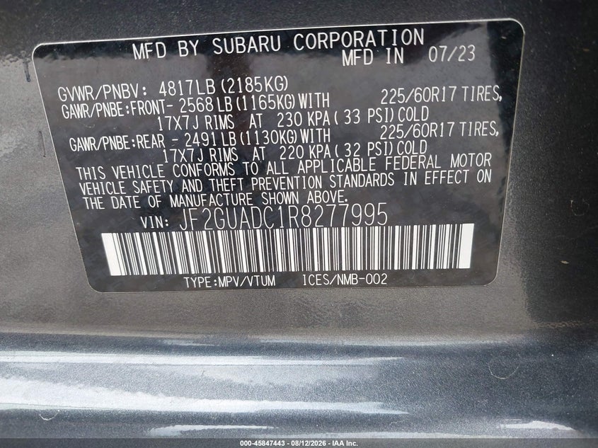 2024 SUBARU XV SPORT UTILITY VEHICLE 2.0L H-4 DI, DOHC, VVT, 152HP