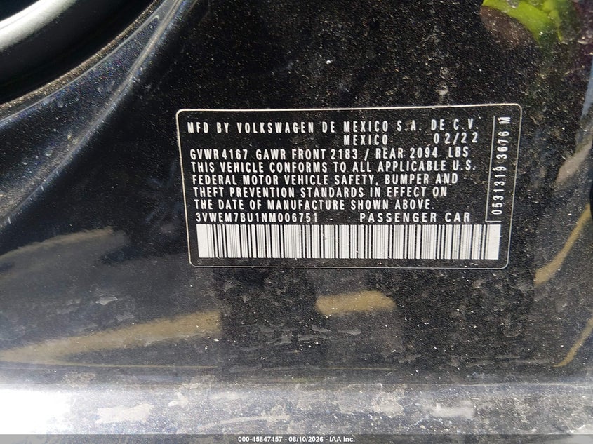 VOLKSWAGEN JETTA 2022 VIN 3VWEM7BU1NM006751
