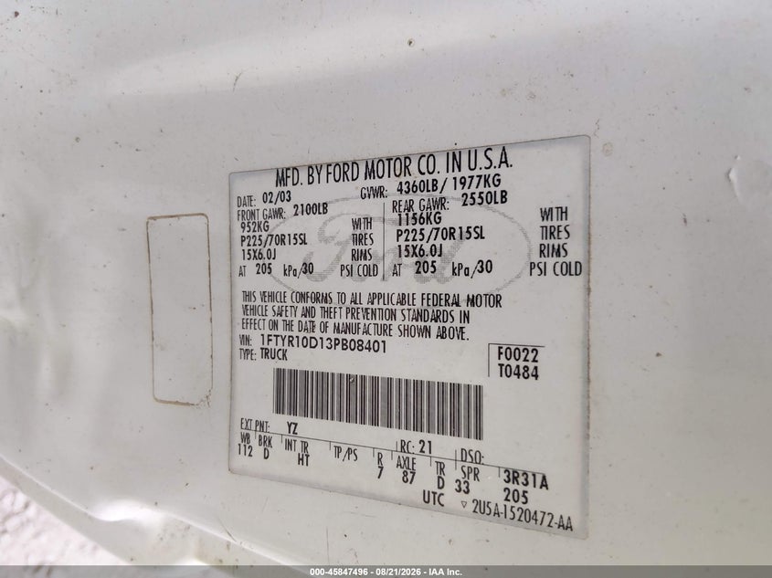 FORD RANGER 2003 VIN 1FTYR10D13PB08401