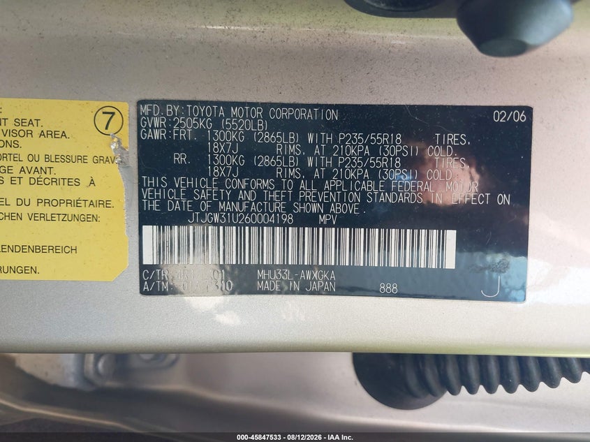 LEXUS RX 400H 2006 VIN JTJGW31U260004198