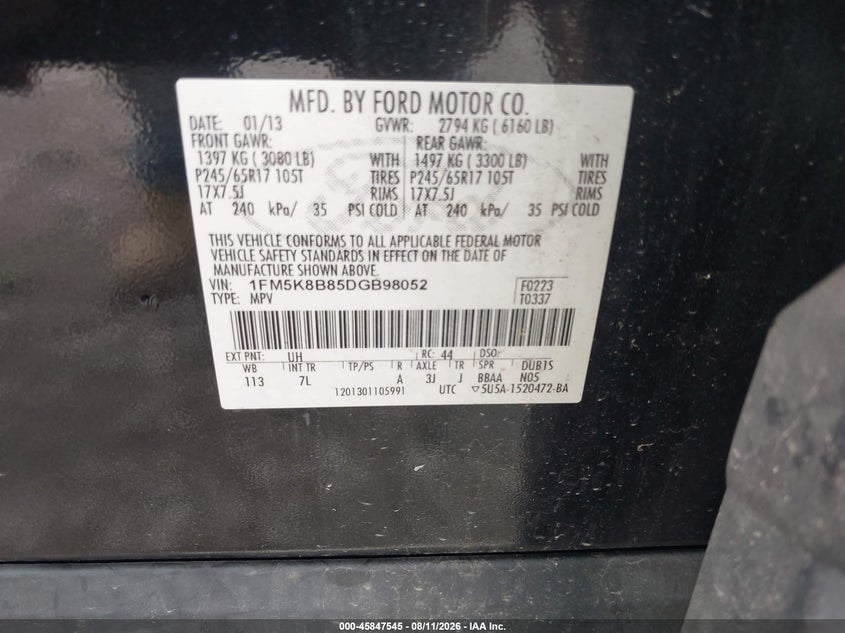 FORD EXPLORER 2013 VIN 1FM5K8B85DGB98052