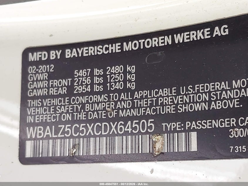 BMW 650I 2012 VIN WBALZ5C5XCDX64505