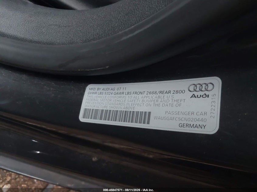 AUDI A7 2012 VIN WAUSGAFC5CN020440
