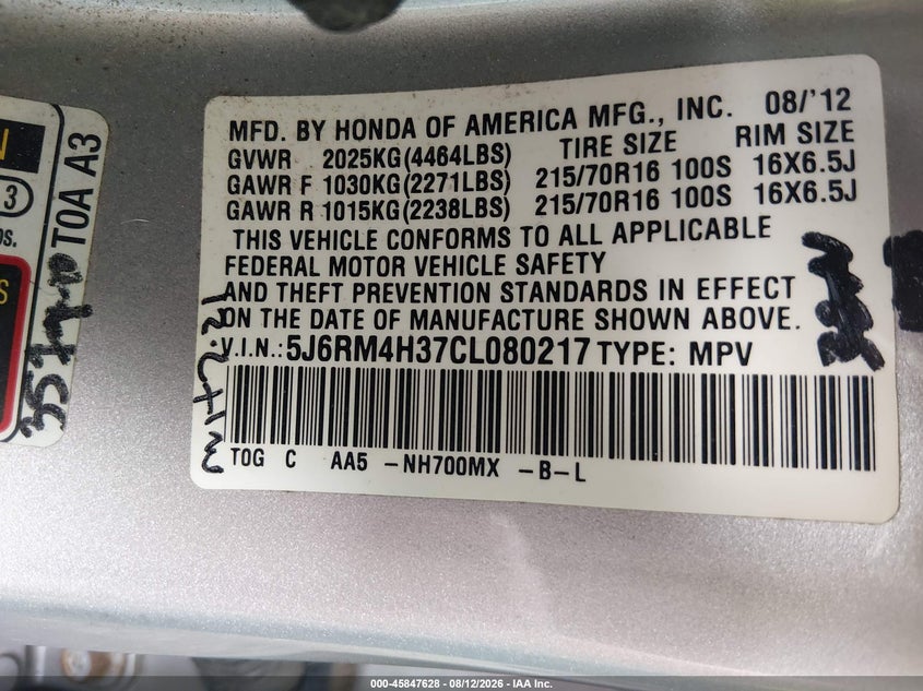 2012 HONDA CR-V SPORT UTILITY VEHICLE 2.4L I-4 DOHC, VVT, 185HP