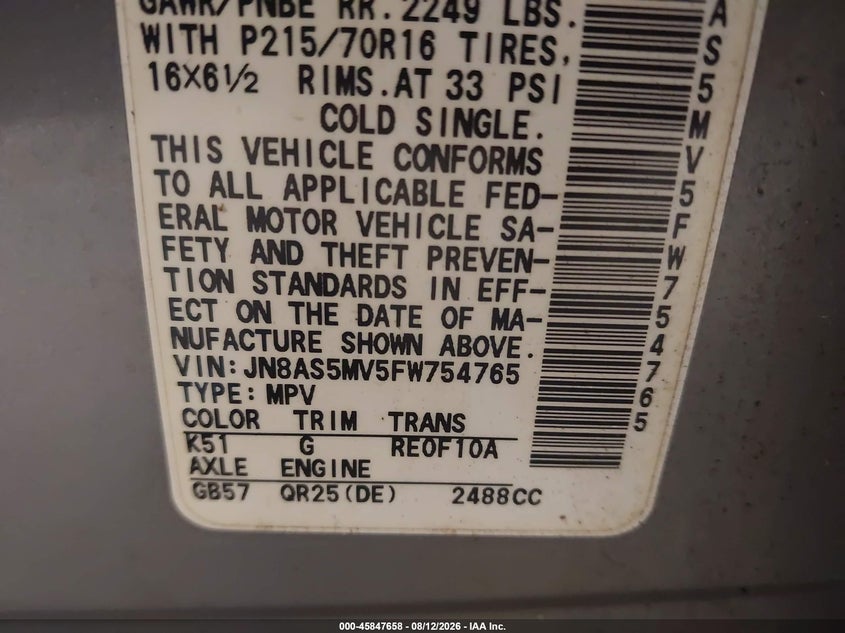 NISSAN ROGUE SELECT 2015 VIN JN8AS5MV5FW754765