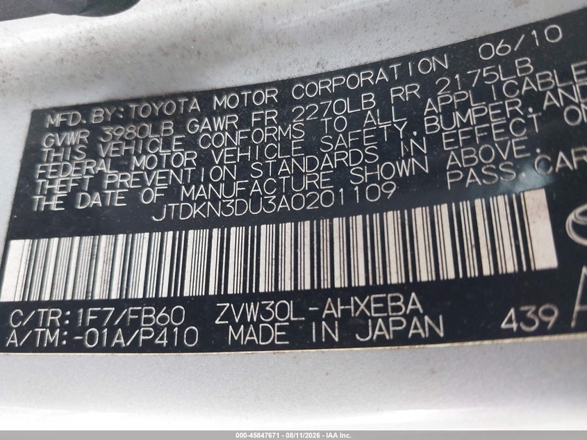 TOYOTA PRIUS 2010 VIN JTDKN3DU3A0201109