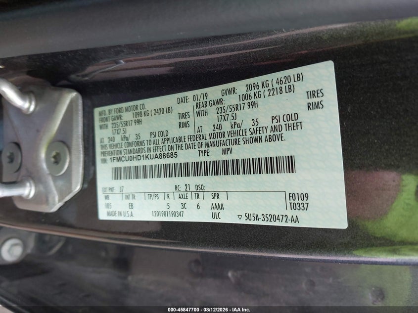 FORD ESCAPE 2019 VIN 1FMCU0HD1KUA88685