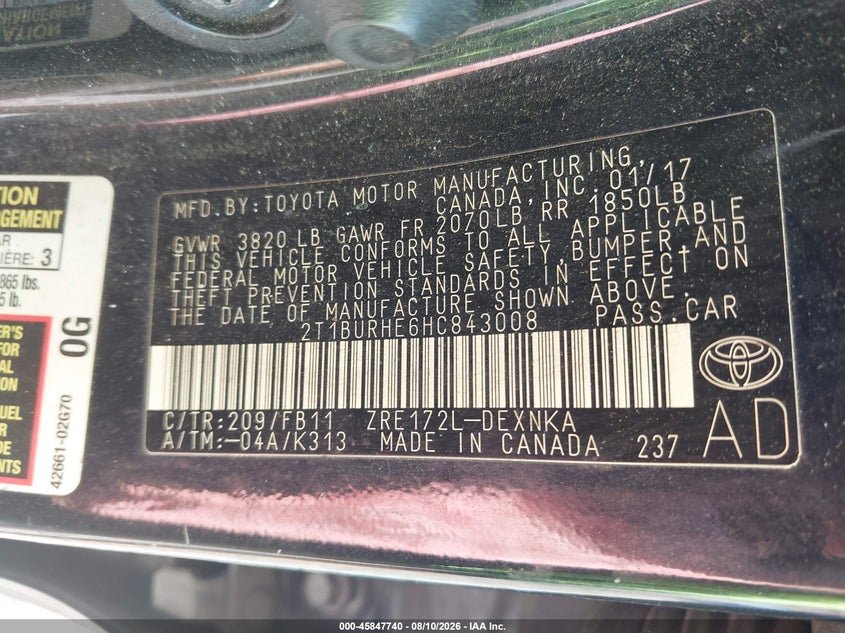 2017 TOYOTA COROLLA SEDAN 1.8L I-4 DOHC, VVT, 132HP