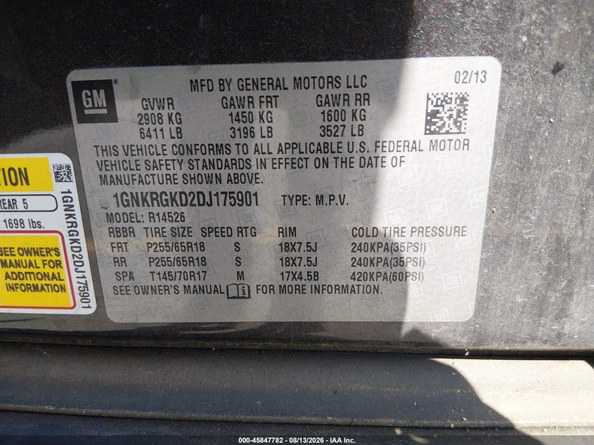 CHEVROLET TRAVERSE 2013 VIN 1GNKRGKD2DJ175901