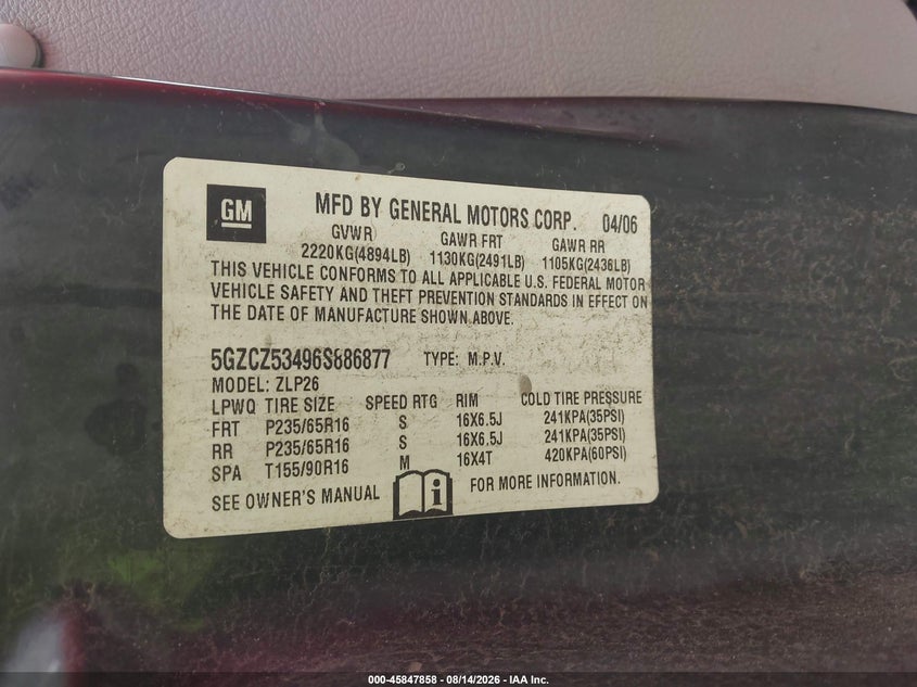 SATURN VUE 2006 VIN 5GZCZ53496S886877