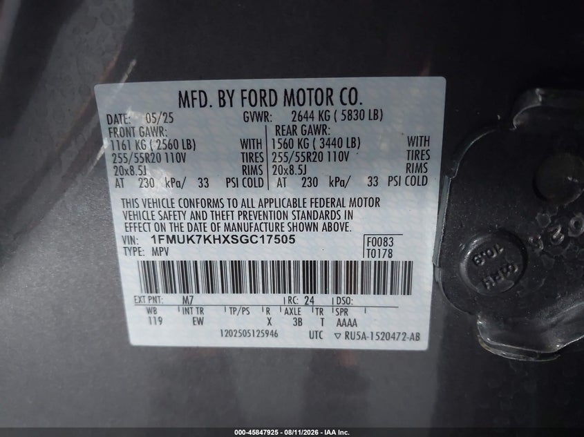 FORD EXPLORER 2025 VIN 1FMUK7KHXSGC17505