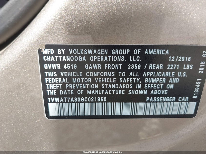 VOLKSWAGEN PASSAT 2016 VIN 1VWAT7A33GC021850