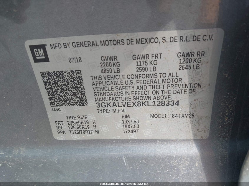 GMC TERRAIN 2019 VIN 3GKALVEX8KL128334