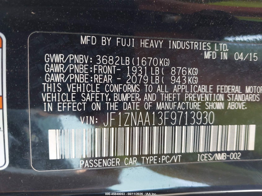 SCION FR-S 2015 VIN JF1ZNAA13F9713930
