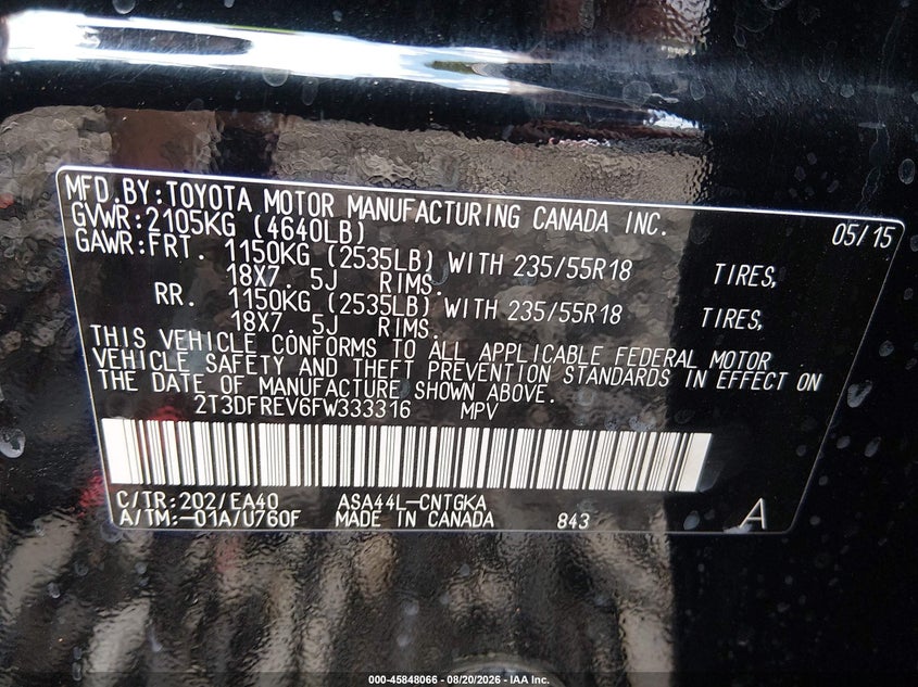 TOYOTA RAV4 2015 VIN 2T3DFREV6FW333316