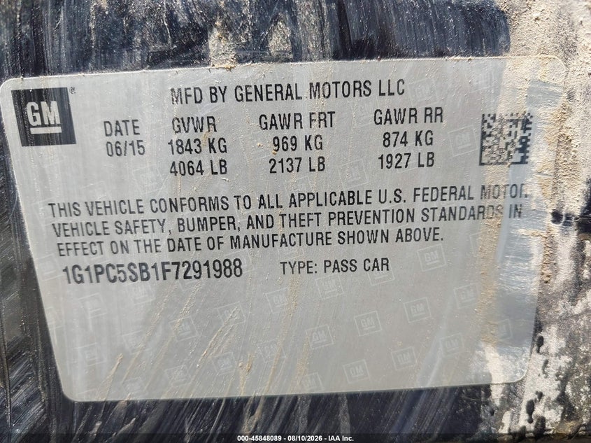 CHEVROLET CRUZE 2015 VIN 1G1PC5SB1F7291988