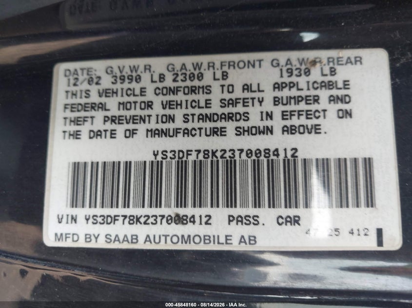 SAAB 9-3 2003 VIN YS3DF78K237008412
