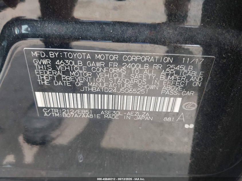LEXUS IS 300 2018 VIN JTHBA1D24J5065251