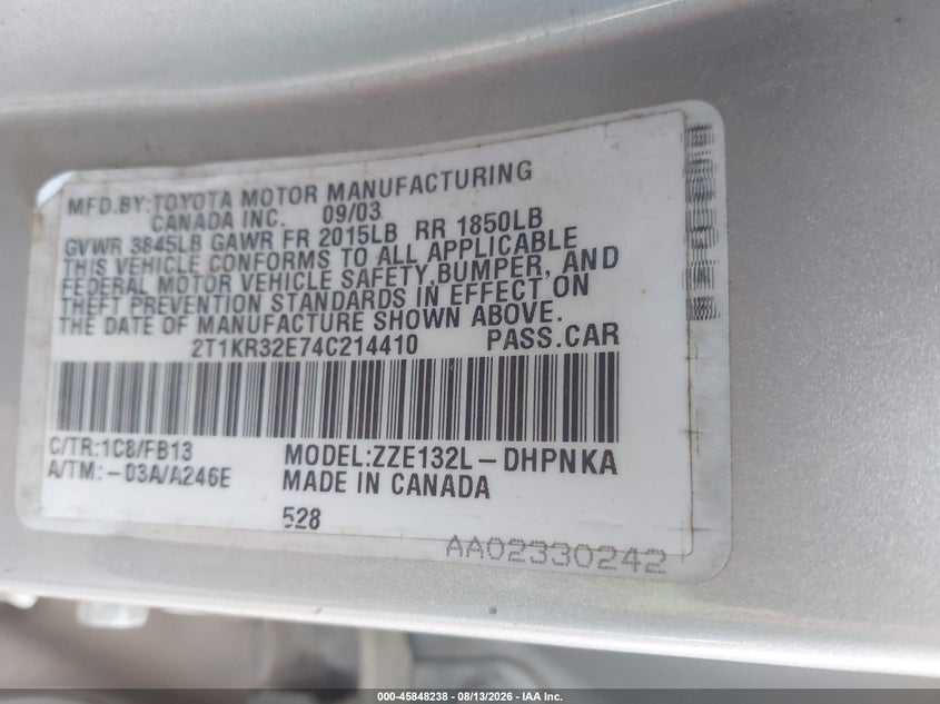 TOYOTA MATRIX 2004 VIN 2T1KR32E74C214410
