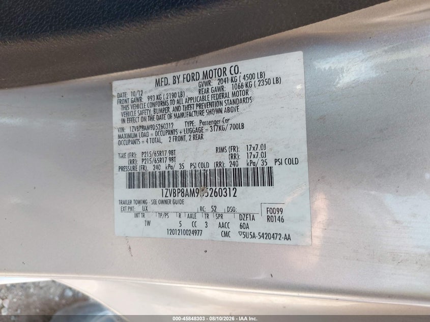 FORD MUSTANG 2013 VIN 1ZVBP8AM9D5260312