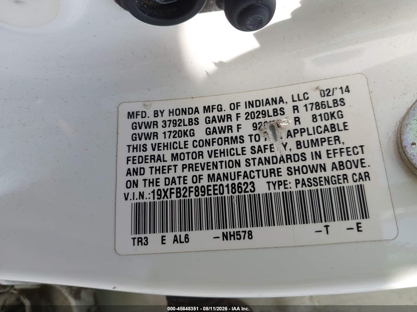 2014 HONDA CIVIC SEDAN 1.8L I-4 VVT, 143HP