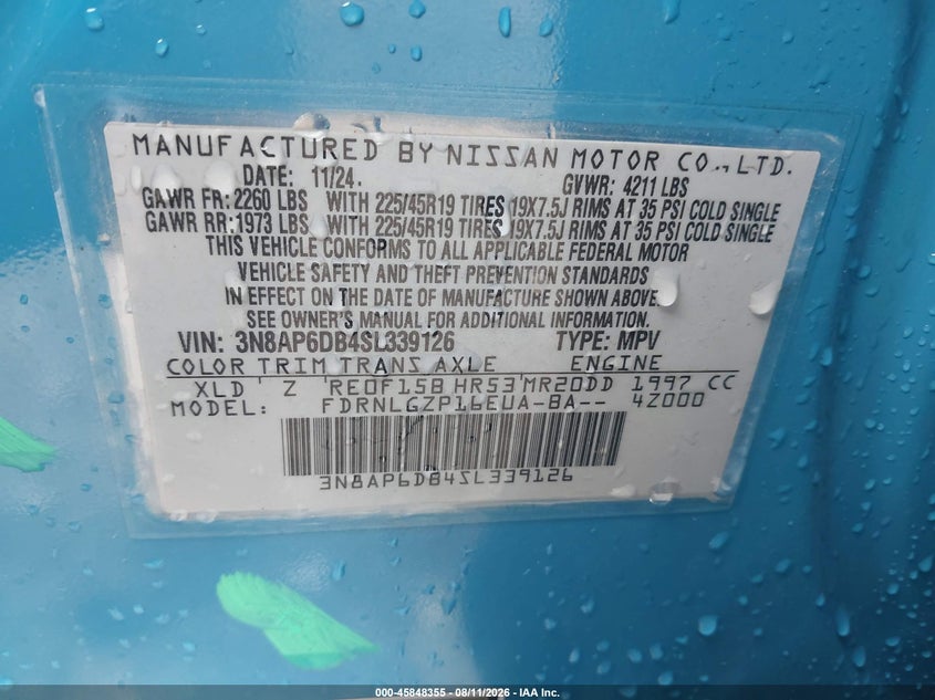 NISSAN KICKS 2025 VIN 3N8AP6DB4SL339126