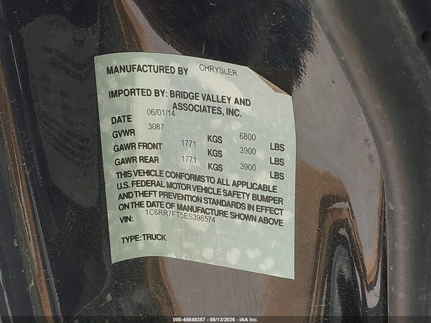 RAM 1500 2014 VIN 1C6RR7FT5ES398574