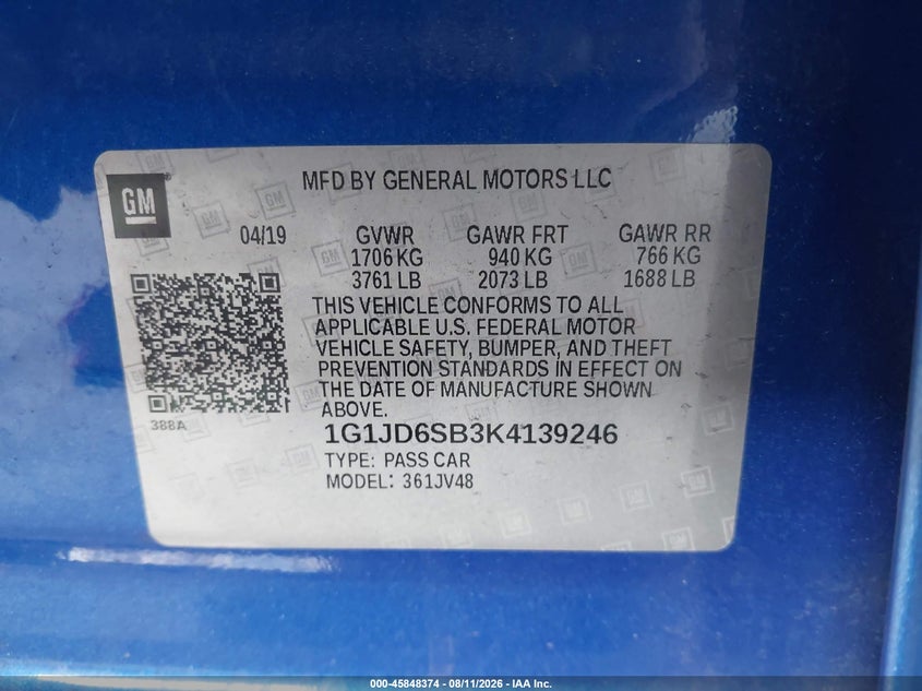 CHEVROLET SONIC 2019 VIN 1G1JD6SB3K4139246