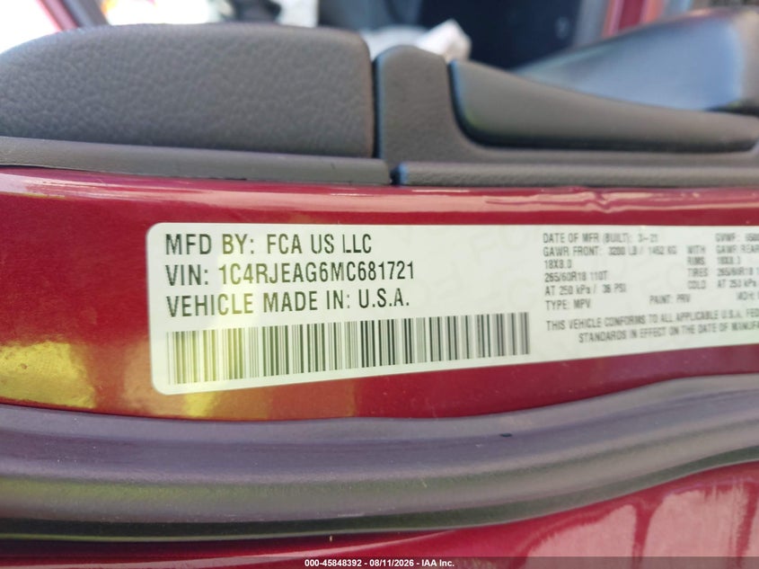 JEEP GRAND CHEROKEE 2021 VIN 1C4RJEAG6MC681721