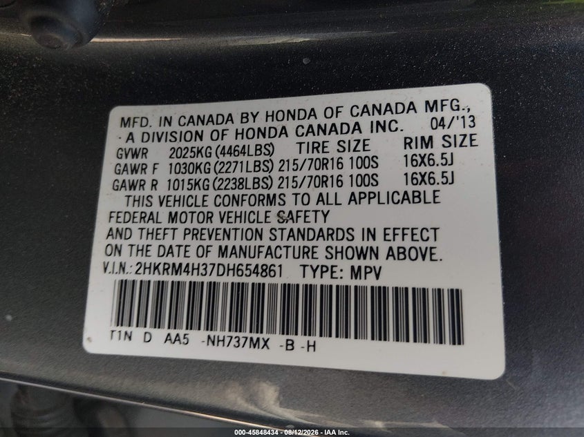 HONDA CR-V 2013 VIN 2HKRM4H37DH654861