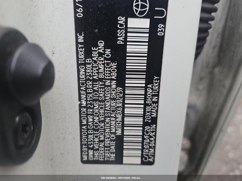 TOYOTA C-HR 2018 VIN NMTKHMBX6JR021239