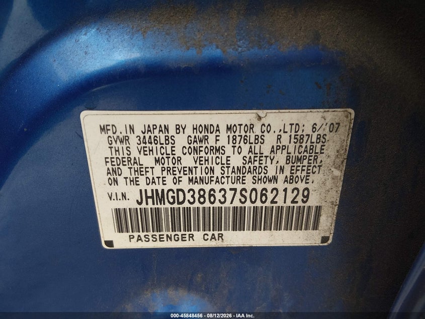 HONDA FIT 2007 VIN JHMGD38637S062129