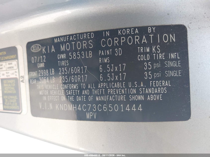 2012 KIA SEDONA VAN 3.5L V-6 DOHC, VVT, 271HP