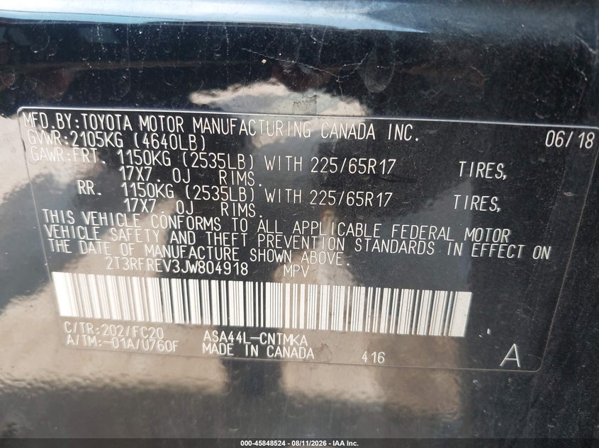 2018 TOYOTA RAV 4 SPORT UTILITY VEHICLE 2.5L I-4 DOHC, VVT, REGULAR , 176HP