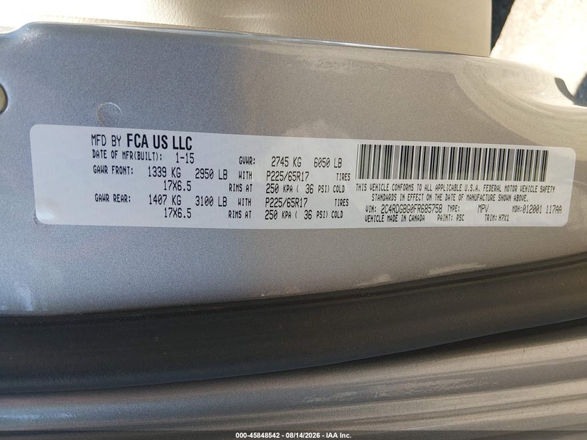 DODGE GRAND CARAVAN 2015 VIN 2C4RDGBG0FR685758