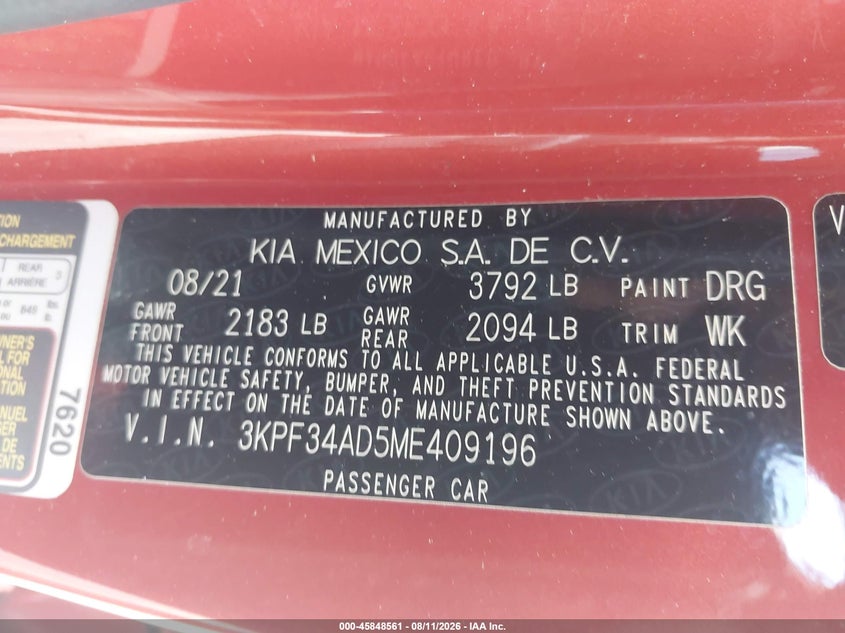 KIA FORTE 2021 VIN 3KPF34AD5ME409196