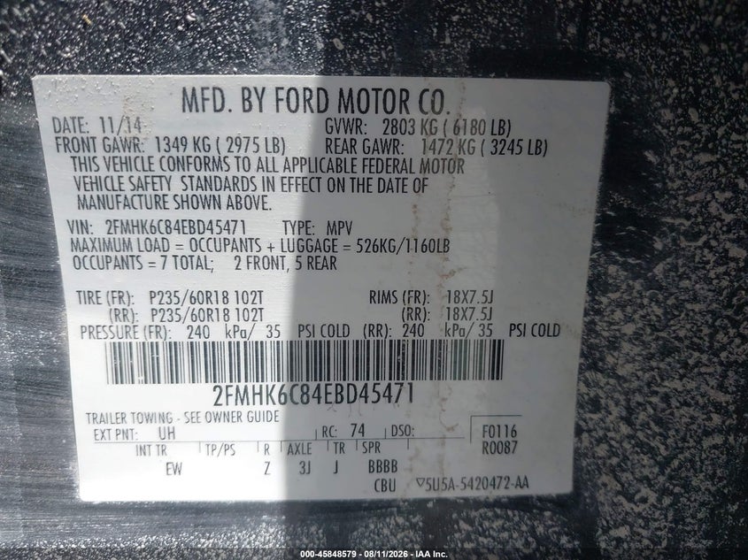 FORD FLEX 2014 VIN 2FMHK6C84EBD45471