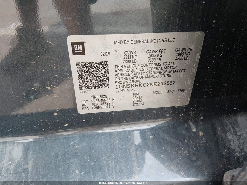 CHEVROLET TAHOE 2019 VIN 1GNSKBKC2KR292567