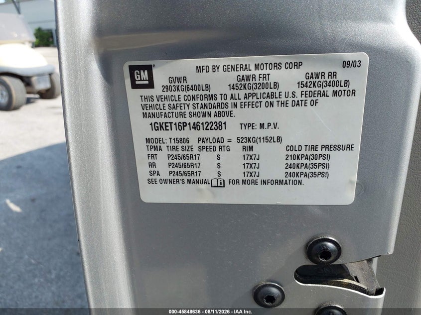 GMC ENVOY XL 2004 VIN 1GKET16P146122381