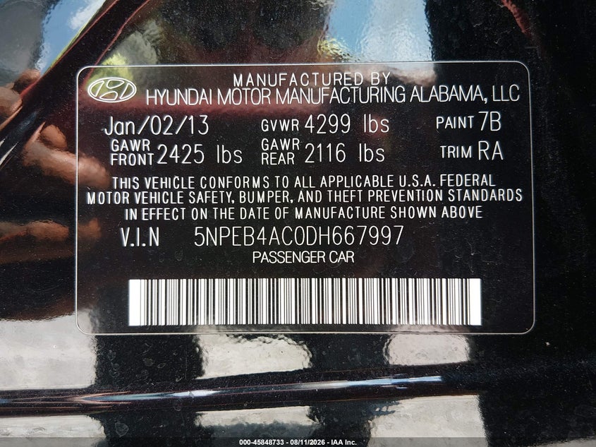 2013 HYUNDAI SONATA SEDAN 2.4L I-4 DI, DOHC, VVT, 198HP
