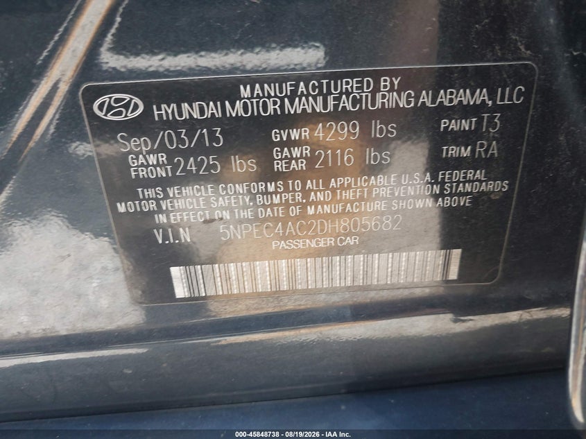 2013 HYUNDAI SONATA SEDAN 2.4L I-4 DI, DOHC, VVT, 198HP
