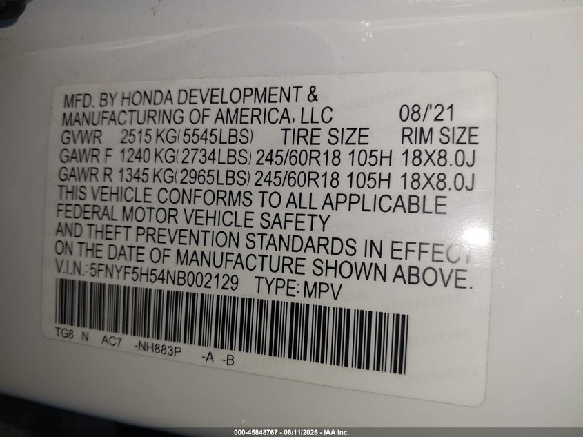 HONDA PILOT 2022 VIN 5FNYF5H54NB002129