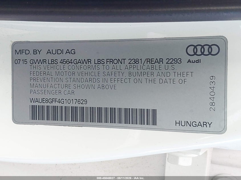 AUDI A3 2016 VIN WAUE8GFF4G1017629