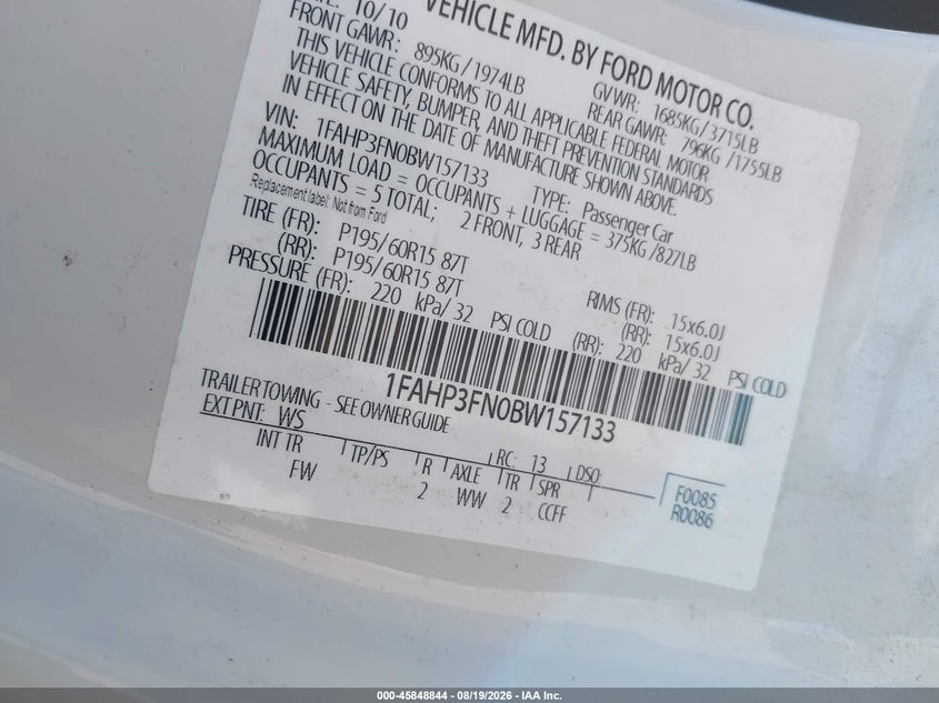 FORD FOCUS 2011 VIN 1FAHP3FN0BW157133