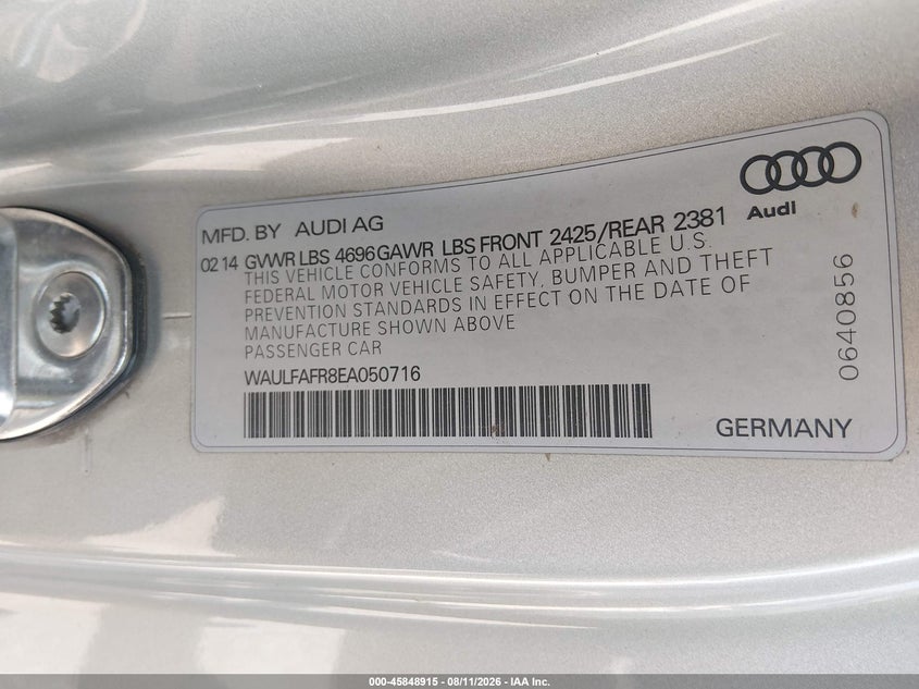 AUDI A5 2014 VIN WAULFAFR8EA050716