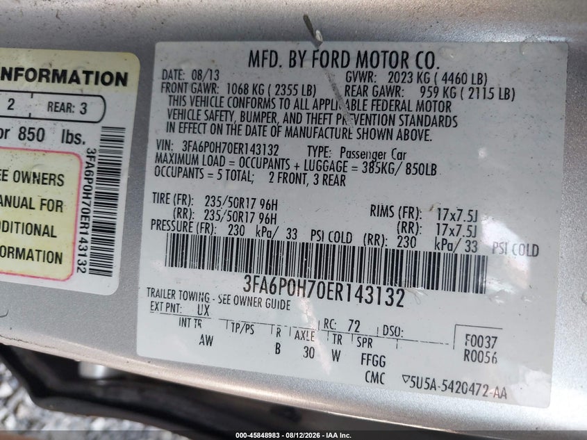 FORD FUSION 2014 VIN 3FA6P0H70ER143132
